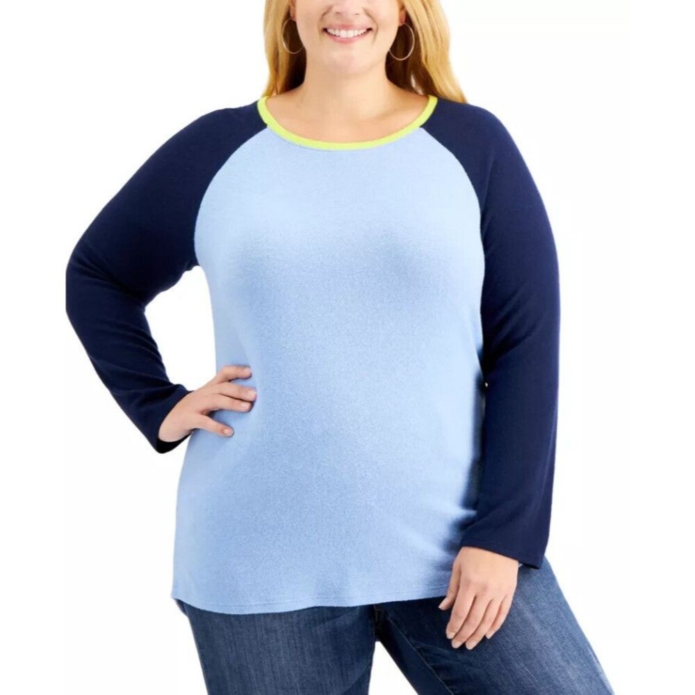 Style & Co T-Shirt Top Long Sleeve Women's Blue Navy  Fleece Plus Size Pull On